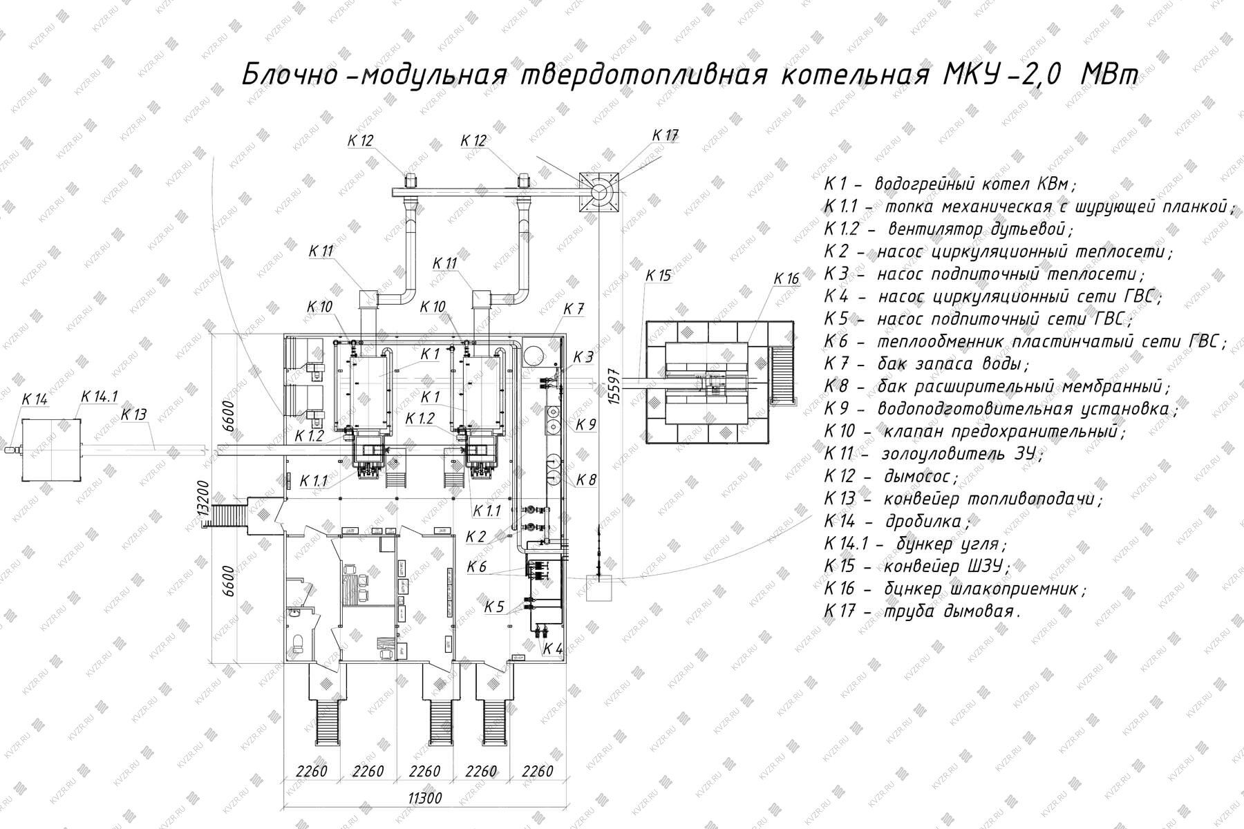 Чертеж модульной котельной 2 МВт с 2 котлами с ГВС